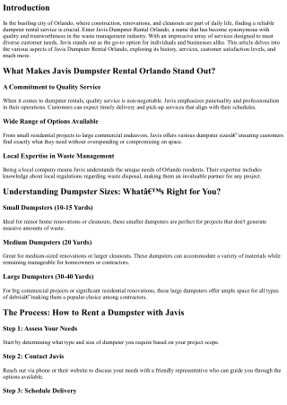 Javis: The Name Synonymous with Quality Dumpster Rentals in Orlando