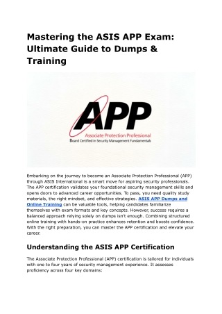 Mastering the ASIS APP Exam Ultimate Guide to Dumps & Training