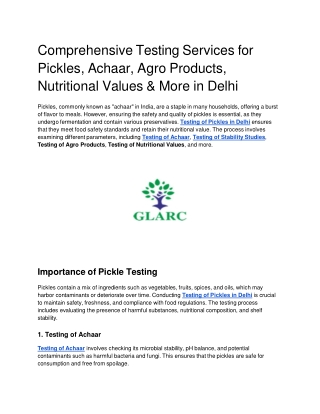 Comprehensive Testing Services for Pickles, Achaar, Agro Products, Nutritional V