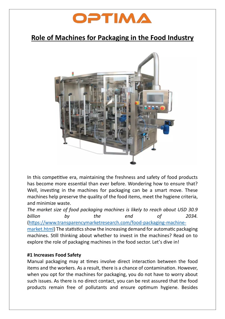 role of machines for packaging in the food