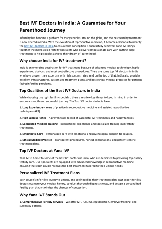 Best IVF Doctors in India: Expertise and Care at Yana IVF
