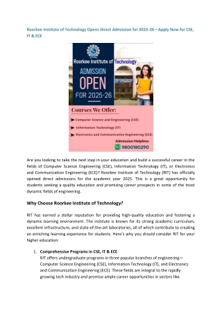 Roorkee Institute of Technology Opens Direct Admission for 2025-26 – Apply Now for CSE, IT & ECE