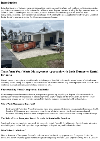 Transform Your Waste Management Approach with Javis Dumpster Rental Orlando