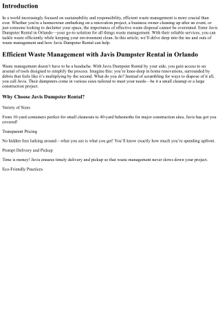 Efficient Waste Management with Javis Dumpster Rental in Orlando