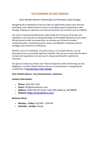 Tax Planning in Lake Oswego | Avier Wealth Advisors