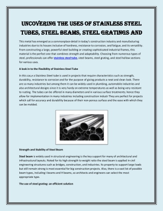 Uncovering the Uses of Stainless Steel Tubes, Steel Beams, Steel Gratings and