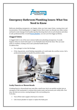 Emergency Bathroom Plumbing Issues: What You Need to Know