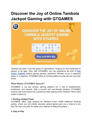 Discover the Joy of Online Tambola Jackpot Gaming with GTGAMES