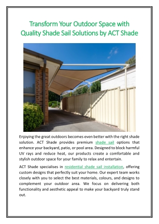 Transform Your Outdoor Space with Quality Shade Sail Solutions by ACT Shade