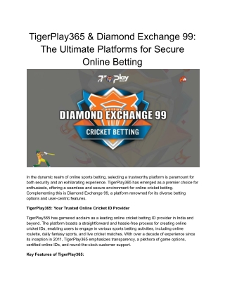 TigerPlay365 & Diamond Exchange 99_ The Ultimate Platforms for Secure Online Betting ...........