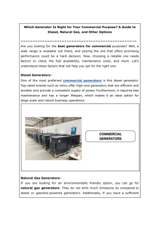 Which Generator Is Right for Your Commercial Purpose? A Guide to Diesel, Natural