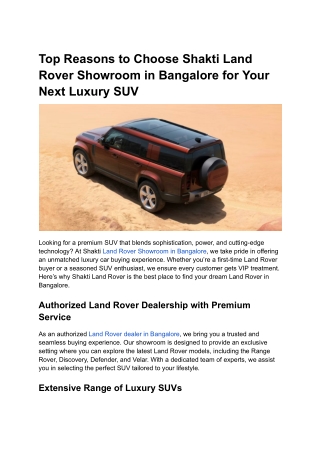 Top Reasons to Choose Shakti Land Rover Showroom in Bangalore for Your Next Luxury SUV