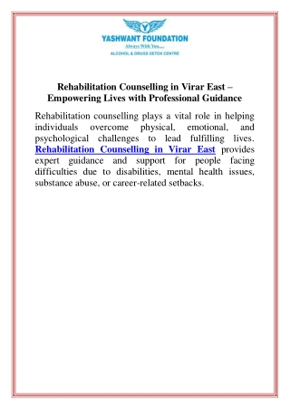 Rehabilitation Counselling in Virar East Empowering Lives with Professional Guidance