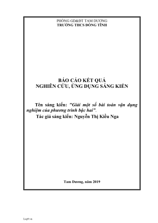 SKKN Giải một số bài toán vận dụng nghiệm của phương trình bậc hai