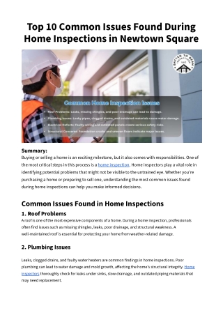Top 10 Common Issues Found During Home Inspections in Newtown Square