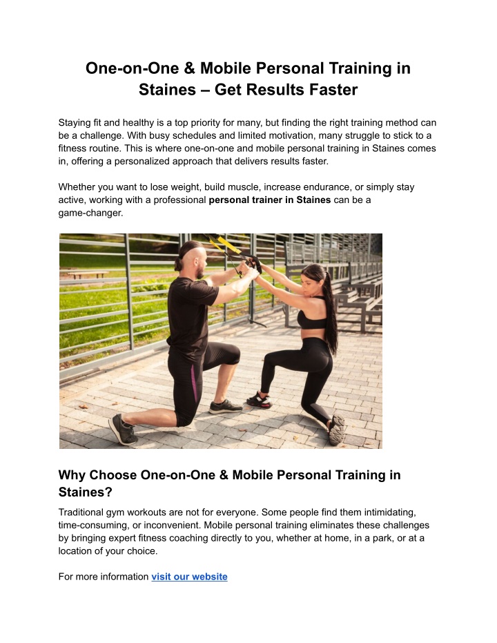 one on one mobile personal training in staines