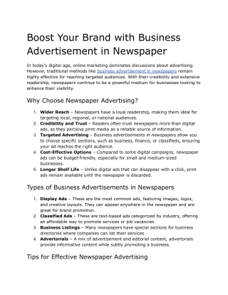Boost Your Brand with Business Advertisement in Newspaper