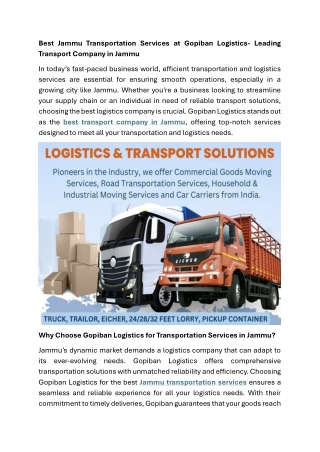 Best Jammu Transportation Services at Gopiban Logistics