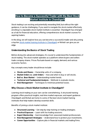 How to Become a Successful Trader with the Best Stock Market Institute in Chandigarh
