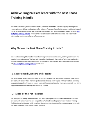 Achieve Surgical Excellence with the Best Phaco Training in India