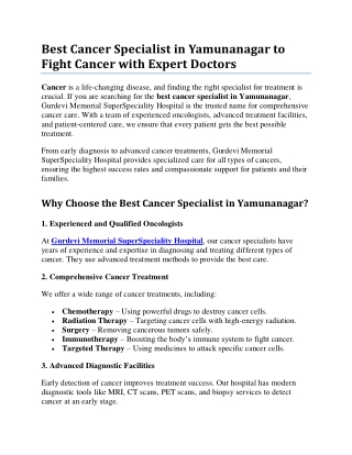 Best Cancer Specialist in Yamunanagar to  Fight Cancer with Expert Doctors