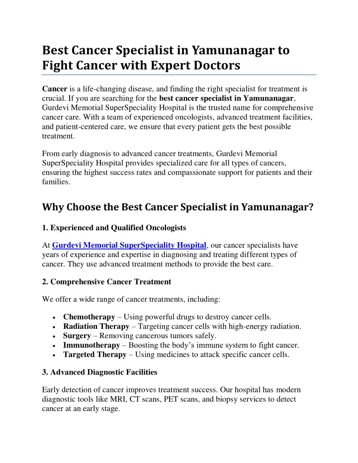 best cancer specialist in yamunanagar to fight