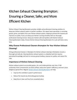 Kitchen Exhaust Cleaning Brampton: Ensuring a Cleaner, Safer, and More Efficient
