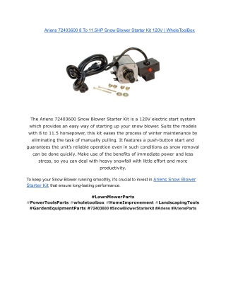 Ariens 72403600 8 To 11.5HP Snow Blower Starter Kit 120V _ WholeToolBox