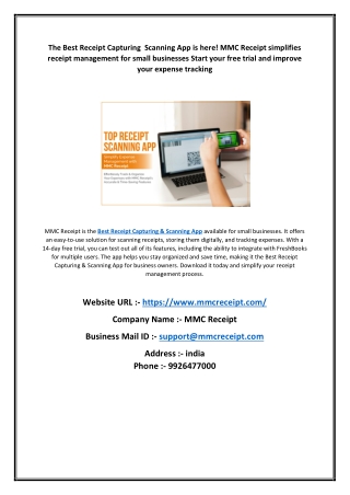 The Best Receipt Capturing  Scanning App is here! MMC Receipt simplifies receipt management for small businesses Start y