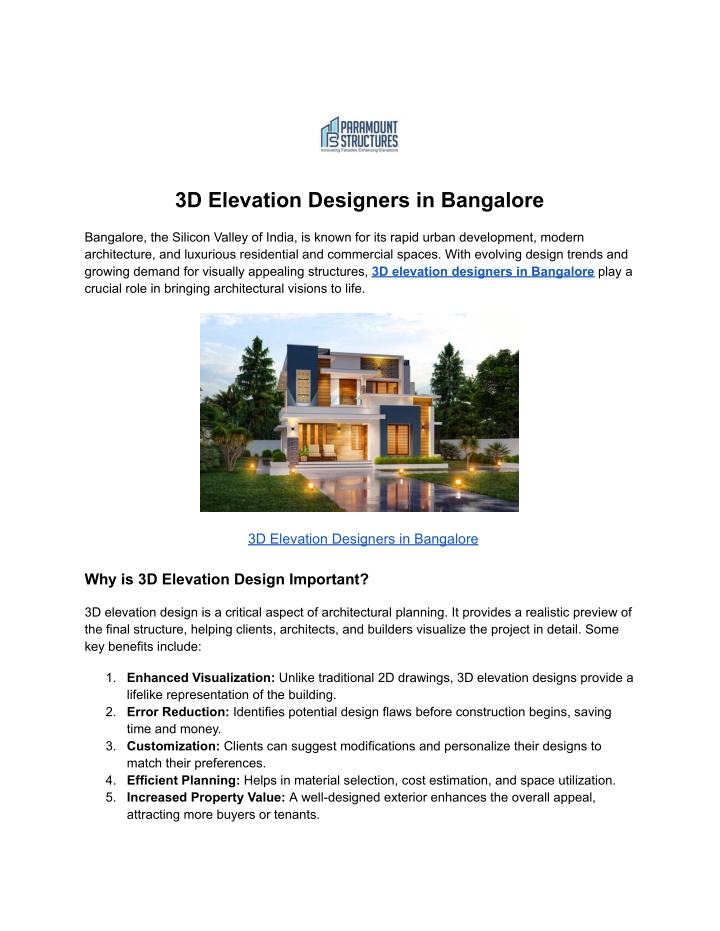 3d elevation designers in bangalore