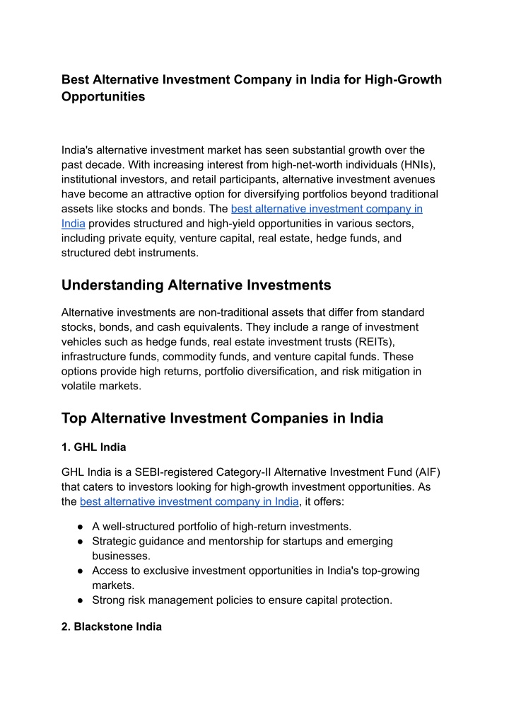 best alternative investment company in india