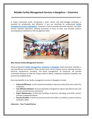 Reliable Facility Management Services in Bangalore – Uniservice