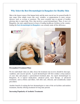 Why Select the Best Dermatologist in Bangalore for Healthy Skin