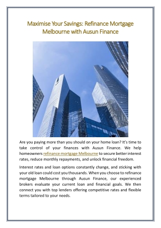 Maximise Your Savings Refinance Mortgage Melbourne with Ausun Finance