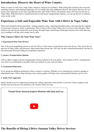 Experience a Safe and Enjoyable Wine Tour with I-Drive in Napa Valley