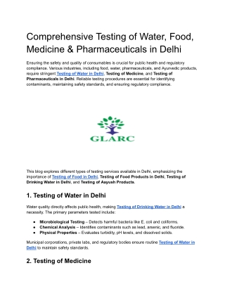 Comprehensive Testing of Water, Food, Medicine & Pharmaceuticals in Delhi