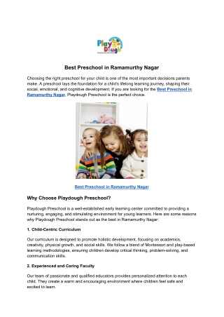 Best Preschool in Ramamurthy Nagar