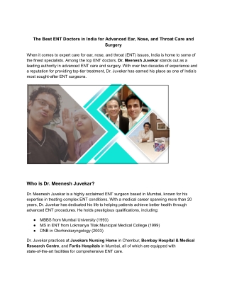 The Best ENT Doctors in India for Advanced Ear, Nose, and Throat Care and Surgery
