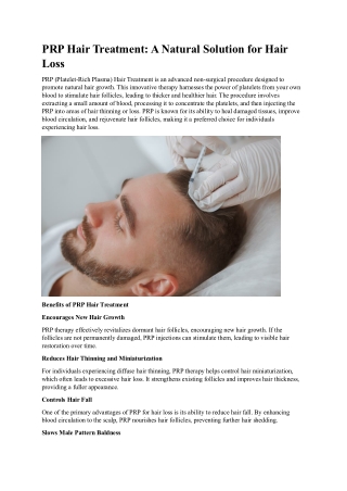 PRP Hair Treatment A Natural Solution for Hair Loss
