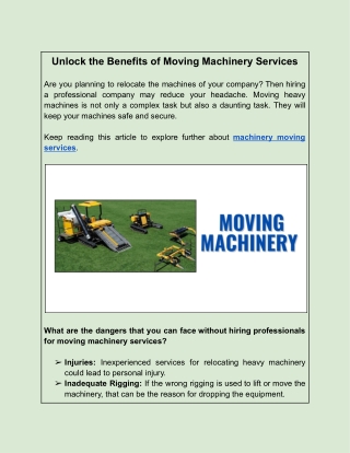 Unlock the Benefits of Moving Machinery Services