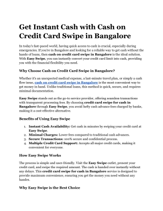 Get Instant Cash with Cash on Credit Card Swipe in Bangalore