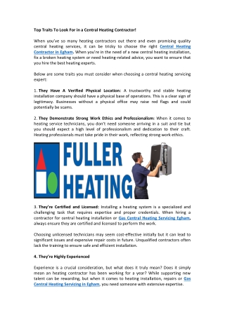 Top Traits To Look For in a Central Heating Contractor!