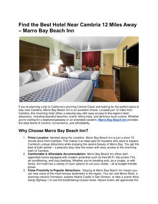 Find the Best Hotel Near Cambria 12 Miles Away – Marro Bay Beach Inn