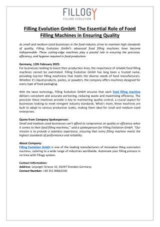 Filling Evolution GmbH The Essential Role of Food Filling Machines in Ensuring Quality