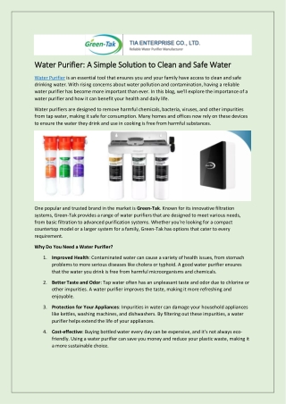 Water Purifier: A Simple Solution to Clean and Safe Water