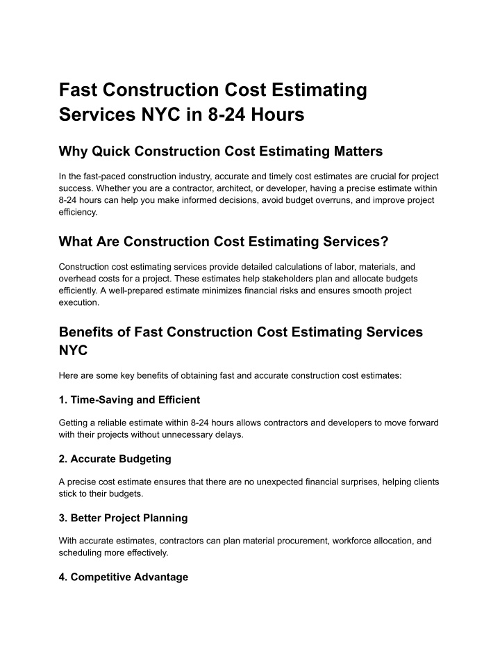 fast construction cost estimating services