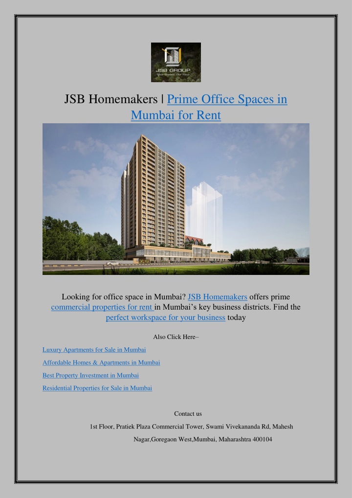 jsb homemakers prime office spaces in mumbai