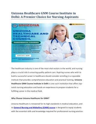 Unizona Healthcare GNM Course Institute in Delhi A Premier Choice for Nursing Aspirants