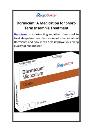Dormicum A Medication for Short-Term Insomnia Treatment