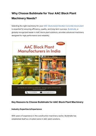 Why Choose Buildmate for Your AAC Block Plant Machinery Needs